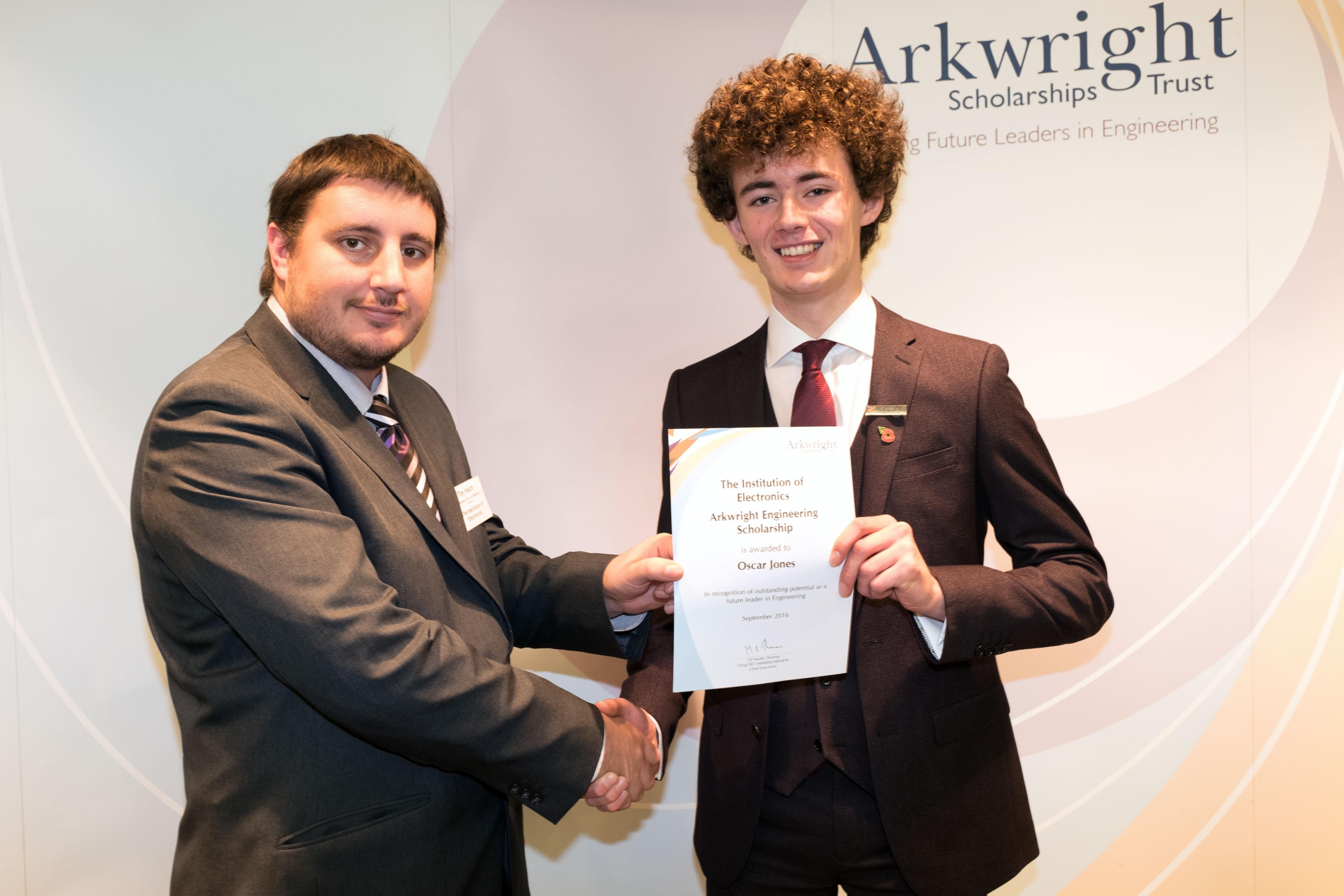 Oscar receives his prize cheadle hulme school sixth form student Oscar collects his Arkwright Engineering Scholarship in Edinburgh with a representative from the Institute of Electronics