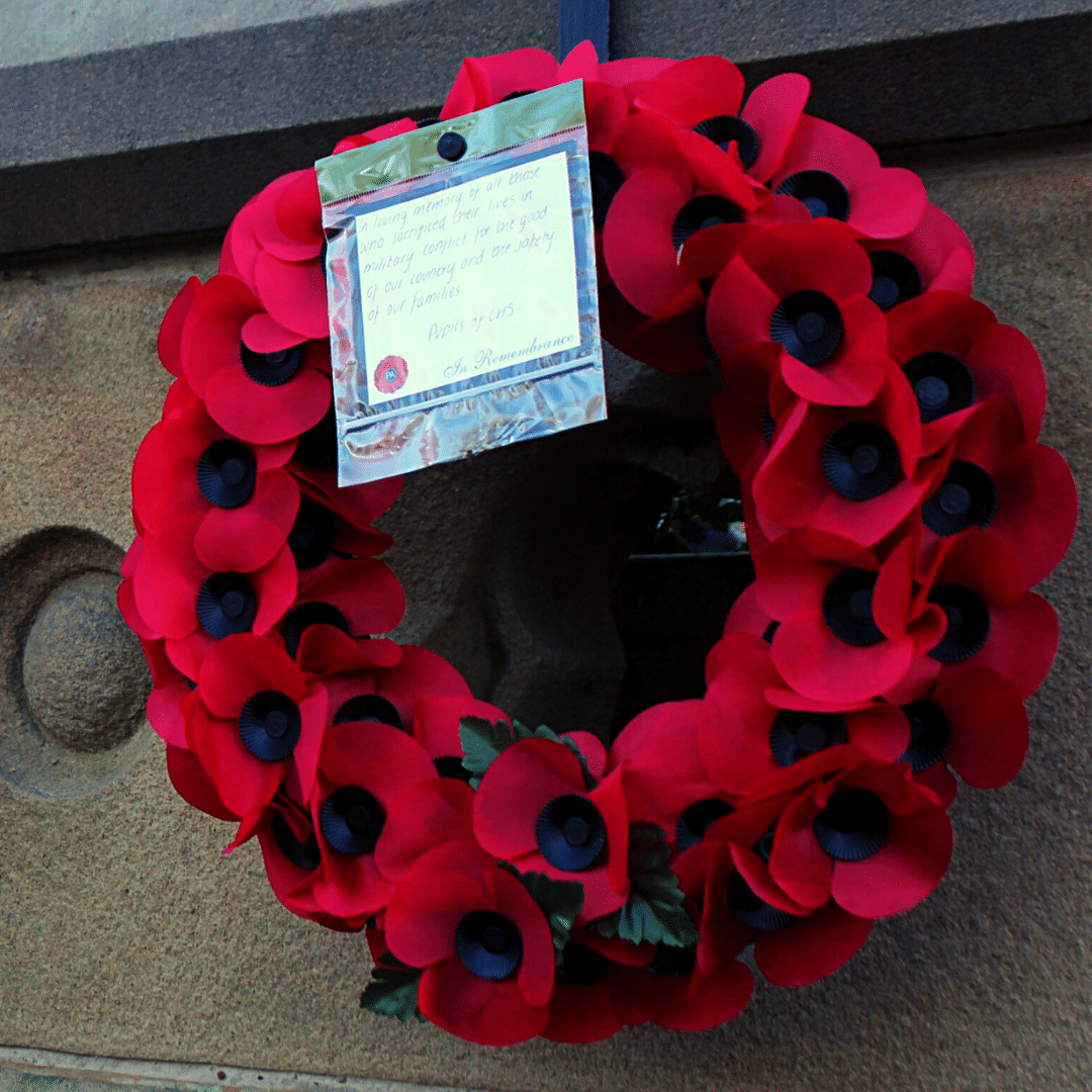 A wreath of Remembrance adorns the main steps at cheadle hulme school