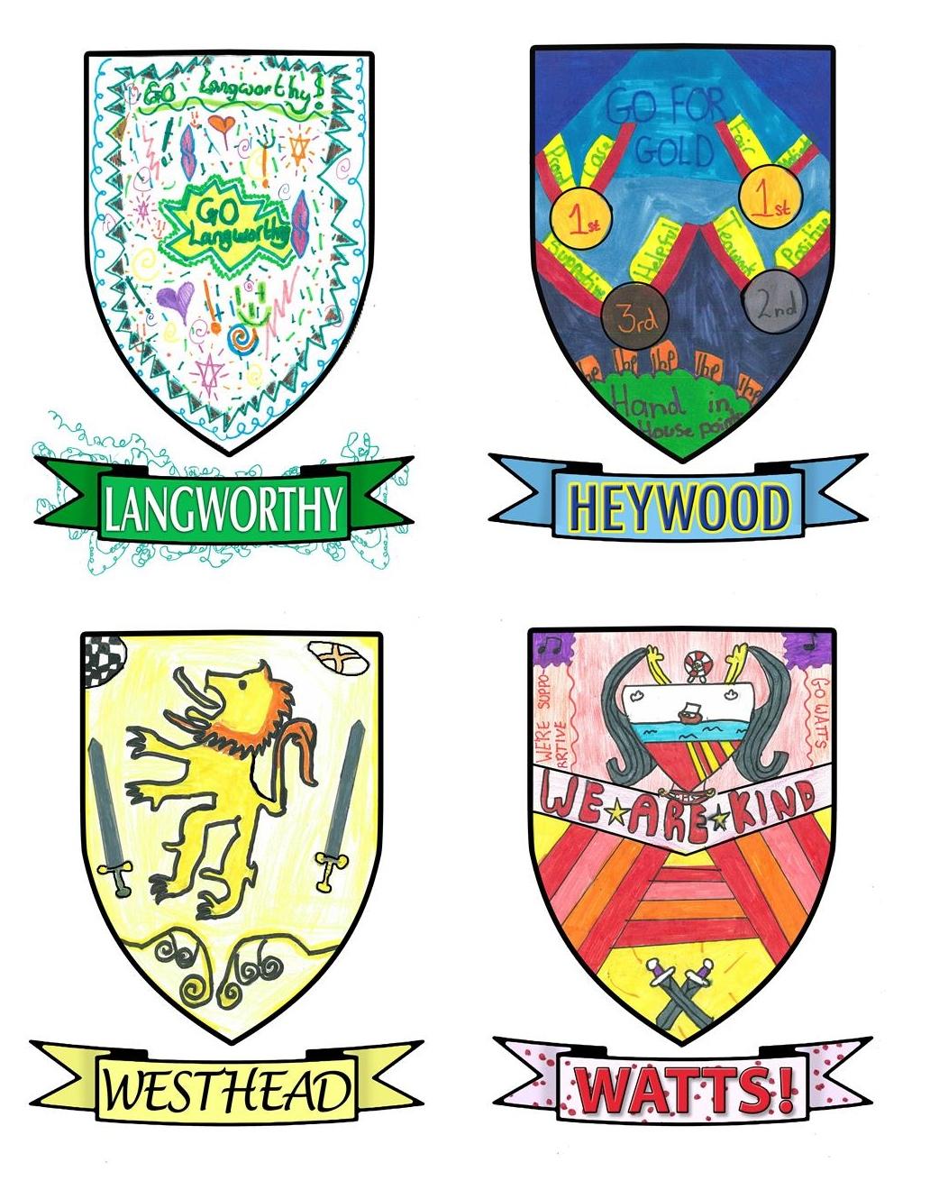 four colourful shields designed by student pupils for cheadle hulme school juniors' house teams Westhead, Watts, Langworthy and Heywood as part of an art competition to design a house coat of arms