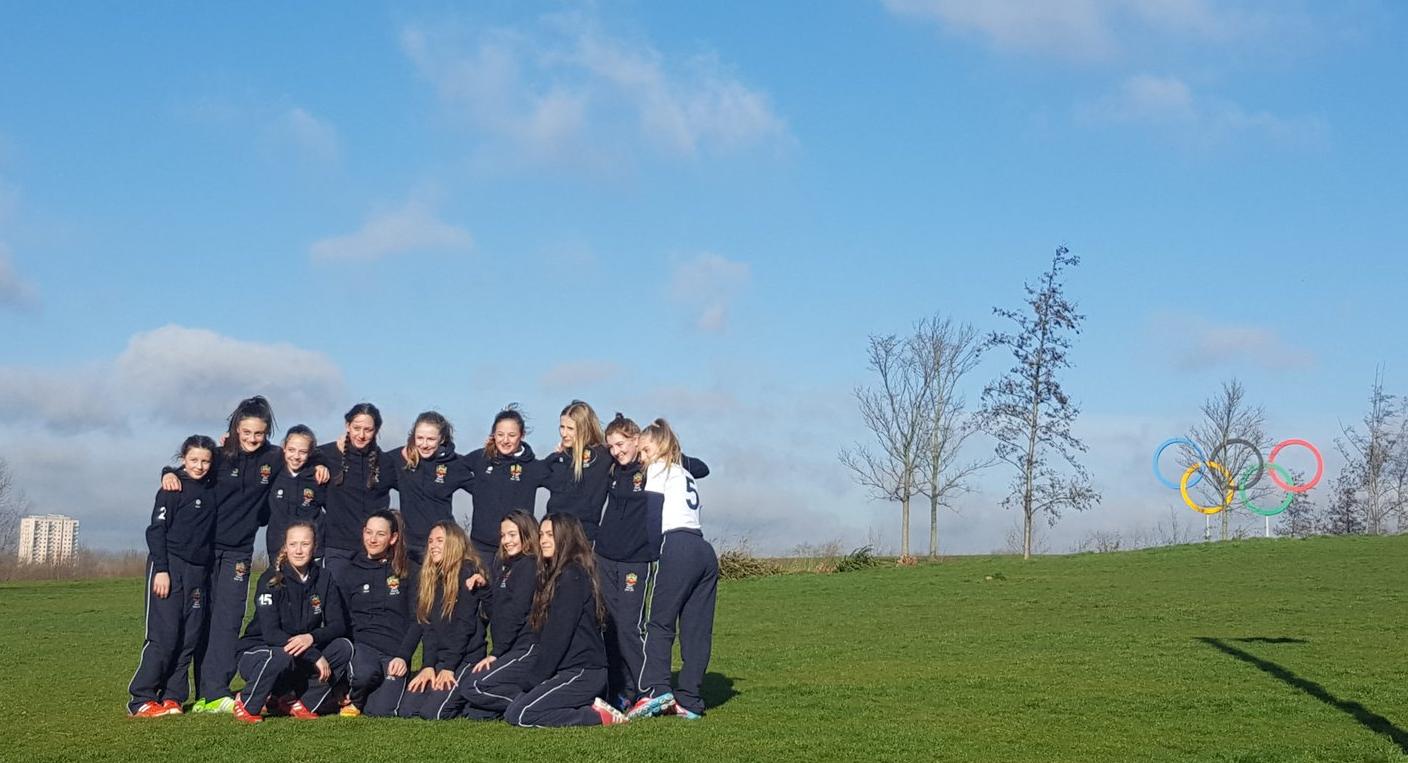 cheadle hulme school U14s girls hockey team pose at London's Olympic hockey venue Lee Valley during the Investec Schools National hockey finals 2017