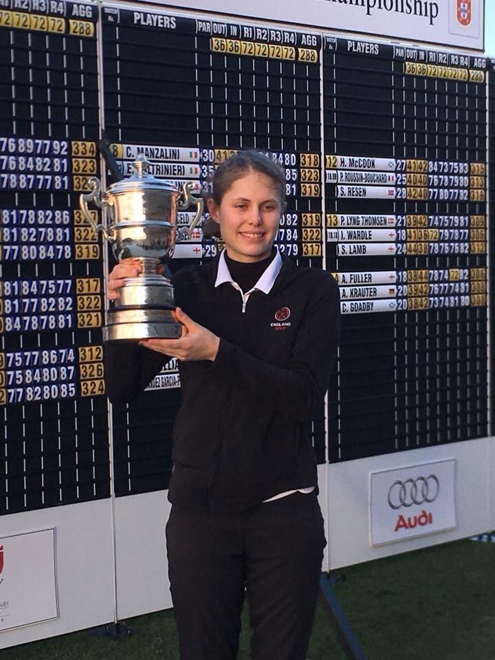 cheadle hulme school sixth form student and england golfer bel wardle lifts the trophy at the Portugese women's amateur championship 2018