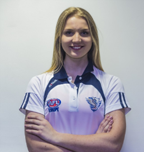 cheadle hulme school former pupil and old waconian class of 2014 freya blount wears her team gb england shirt for the swans - the first women's gb team entering the australian rules football world cup