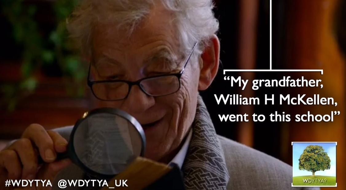 Actor Sir Ian McKellen visits the library and archives at Cheadle Hulme School during an episode of BBC One's Who Do You Think You Are and learns about his great great grandfather Robert Lowe and Old Waconian W.H. McKellen