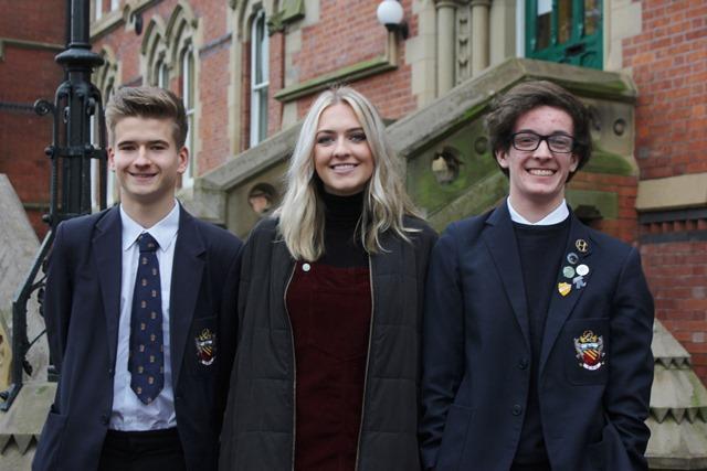 Oxbridge Offers for Luke, Connie and Tom cheadle hulme school sixth form students and old waconian stand outside their school having received offers from University of Oxford and University of Cambridge