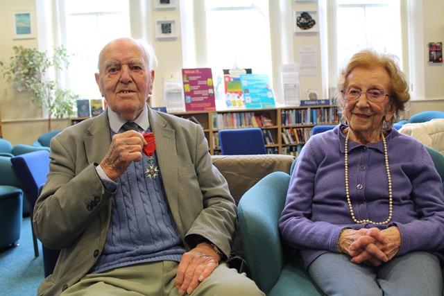 Cheadle hulme school old waconian James Jim Gardner shows his Legion of Honour medal awarded to him  by France for his participation in world war two second world war alongside fellow old waconian and companion Millie Blower nee Kirby