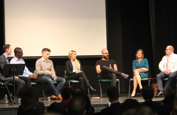 guest speakers talk on stage at cheadle hulme school's business and entrepreneurialism event featuring experts and professionals from Network Young Deloitte LLP Marketing Manchester Carrie Green Female Entrepreneur Association London Craft Beer