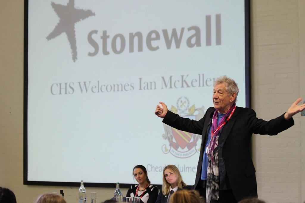 Stonewall ambassador Sir Ian McKellen addresses the students of Cheadle Hulme School