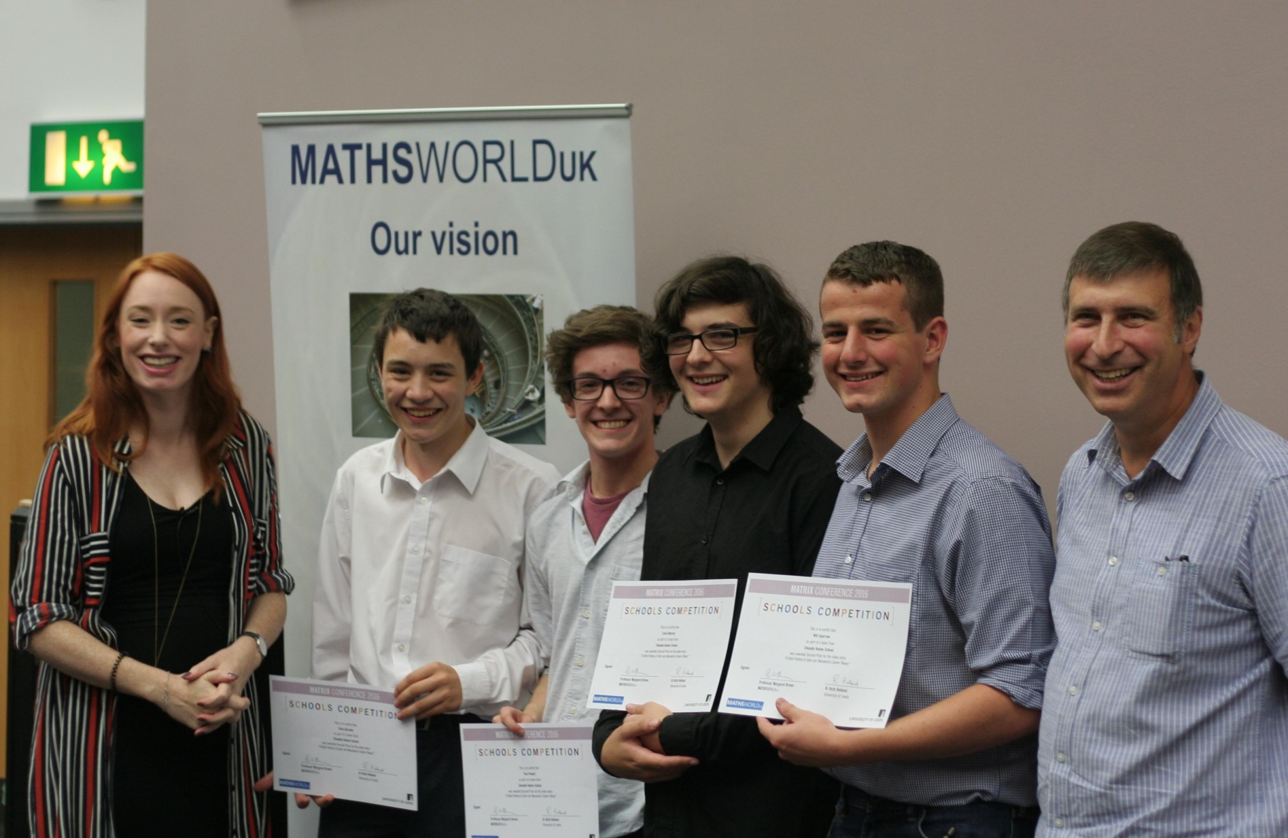 cheadle hulme school's upper sixth form students collect their second 2nd place maths prizes at the MoMath MATRIX conference at university of leeds