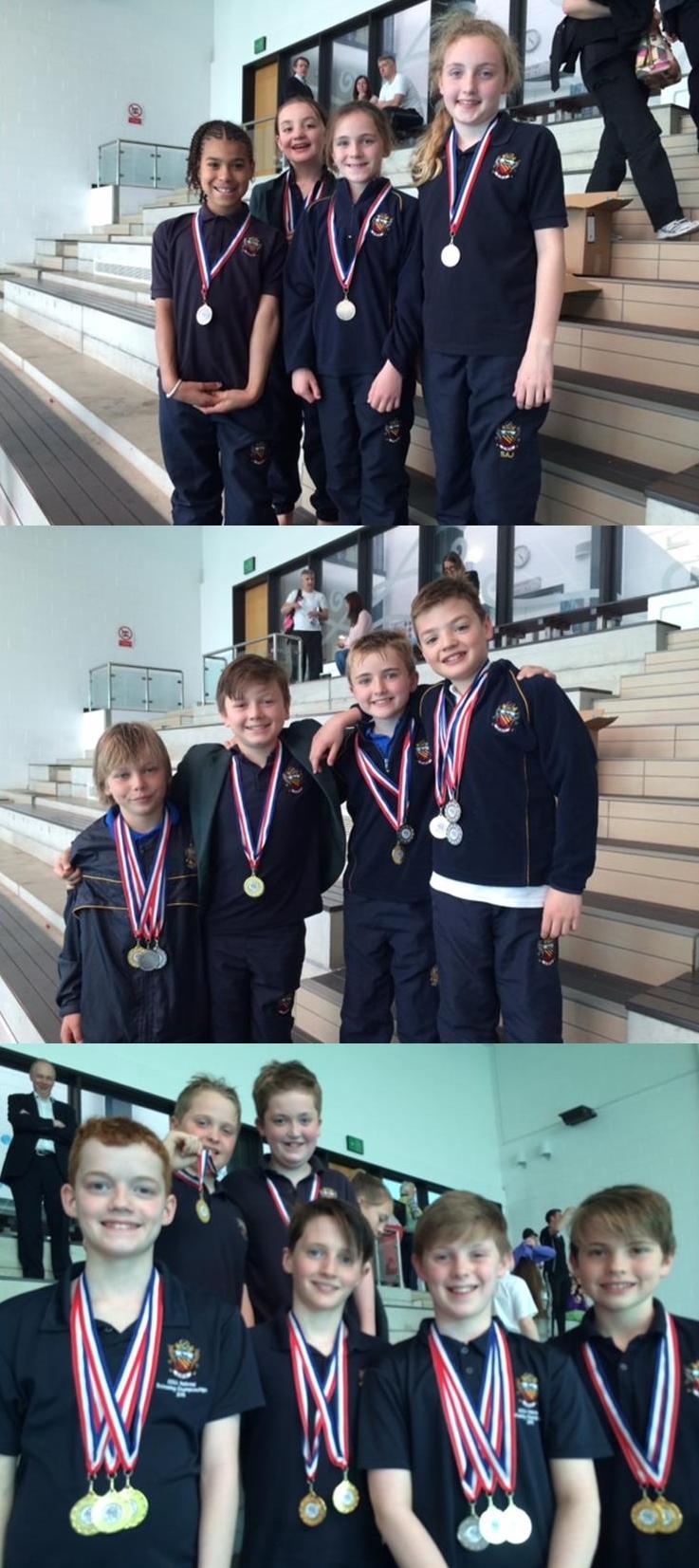 junior pupils from cheadle hulme school show off their gold, silver and bronze medals from the Year 5 and Year 6 AJIS Swimming Gala