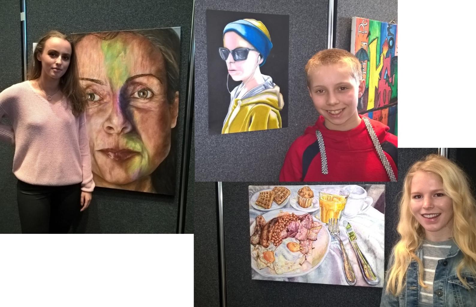 cheadle hulme school students pose with their paintings and drawings as part of living edge magazine's 17th schools artwork competition exhibition at the lowry salford keys