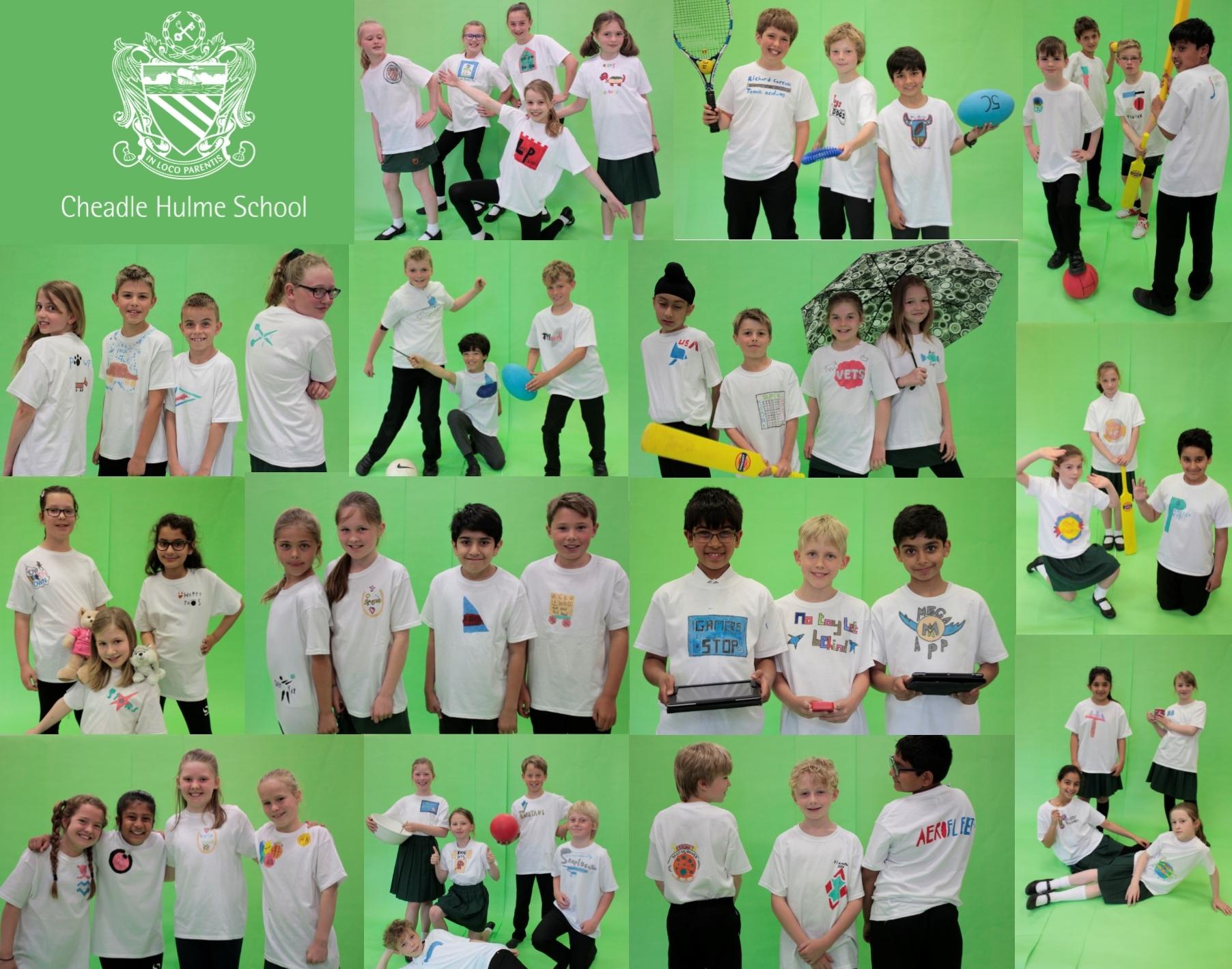 cheadle hulme school junior students in year 5 model t-shirts featuring their own logo designs as part of a DART art project considering typography and product design