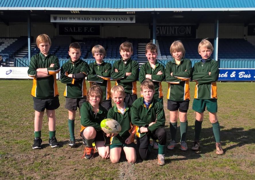 cheadle hulme school U10s Rugby team line up before their game at Sale Sharks' former ground Heywood Road where they played against Brooklands School
